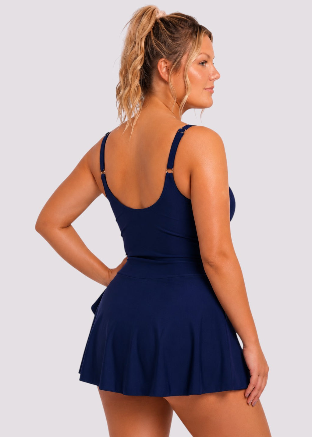 Simple Scoop Neck Side Slit Swim Dress - Navy-Cheekkah