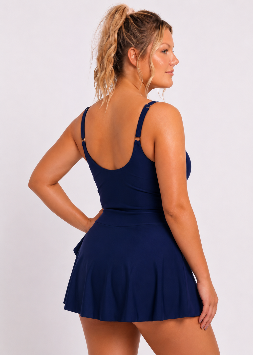 Simple Scoop Neck Side Slit Swim Dress - Navy-Cheekkah