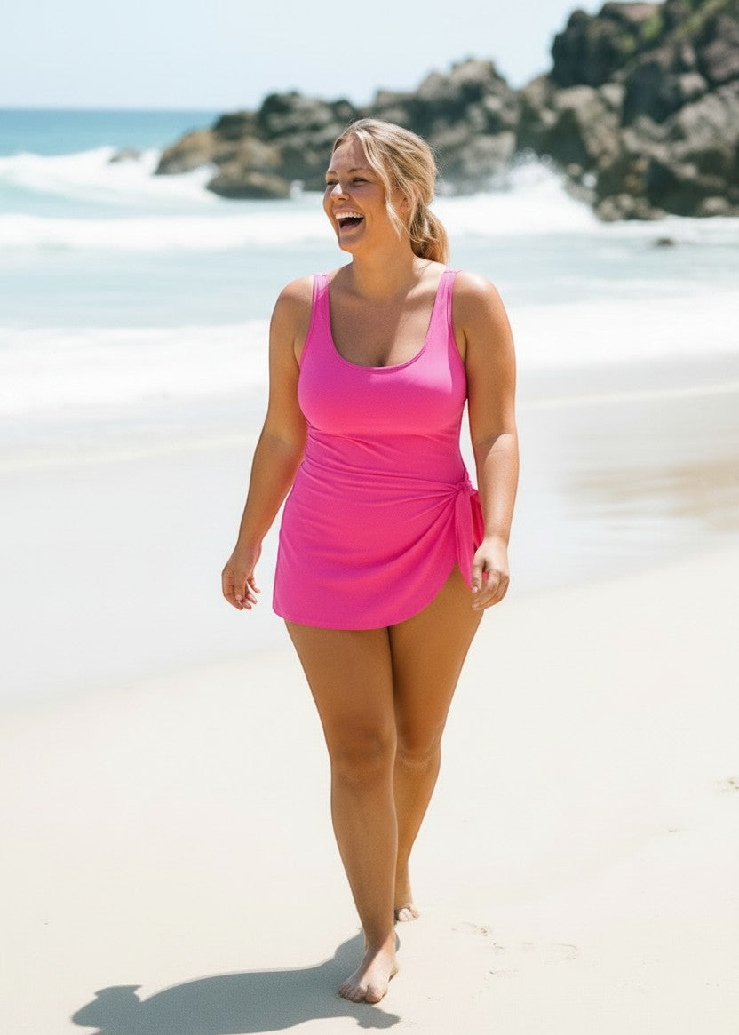 Simple Scoop Neck Side Slit Swim Dress - Pink-Cheekkah