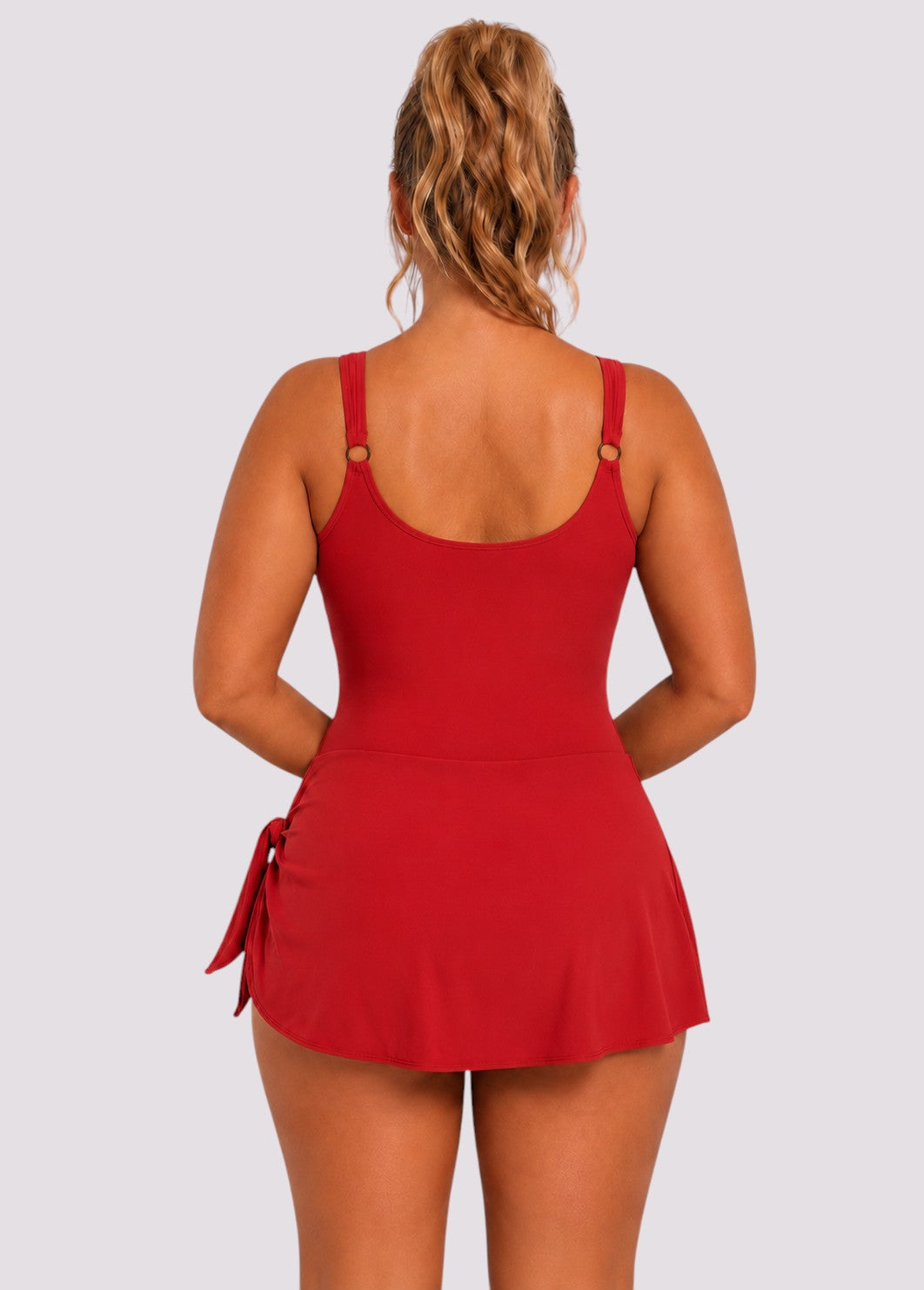 Simple Scoop Neck Side Slit Swim Dress - Red