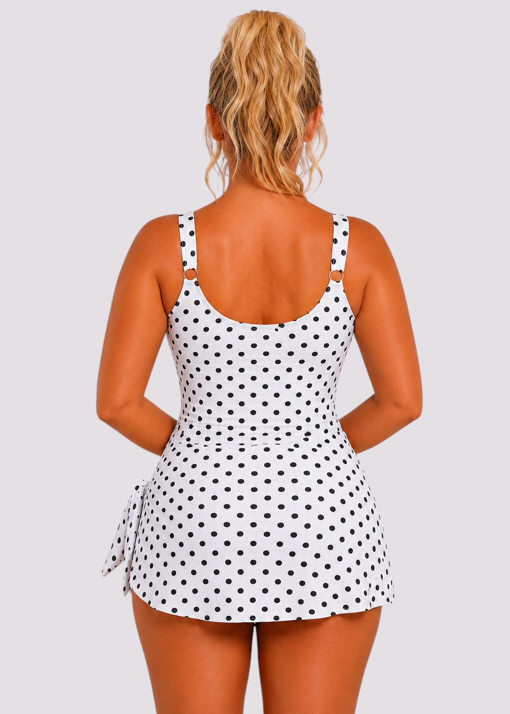 Simple Scoop Neck Side Slit Swim Dress - White Spot-Cheekkah
