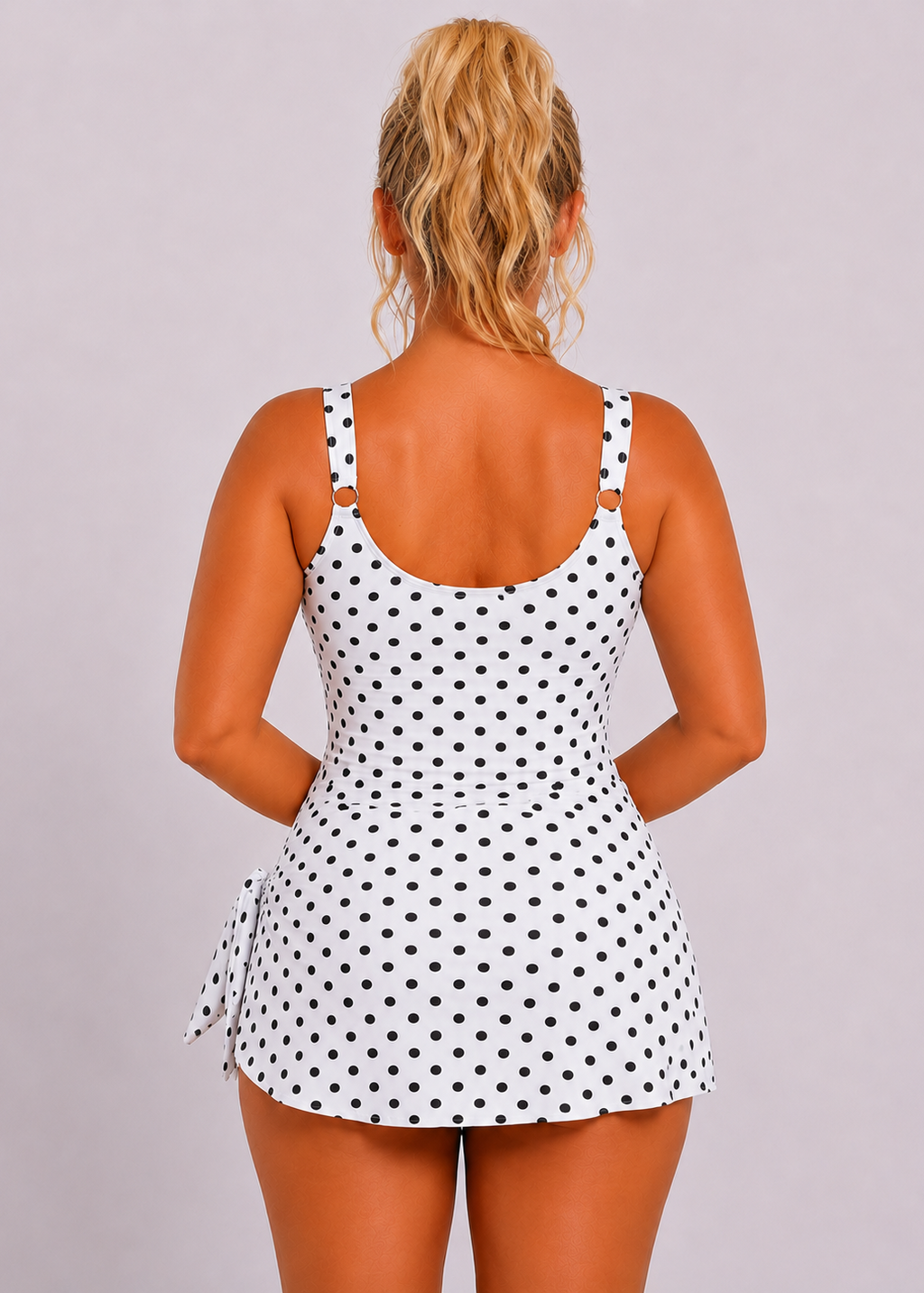 Simple Scoop Neck Side Slit Swim Dress - White Spot-Cheekkah