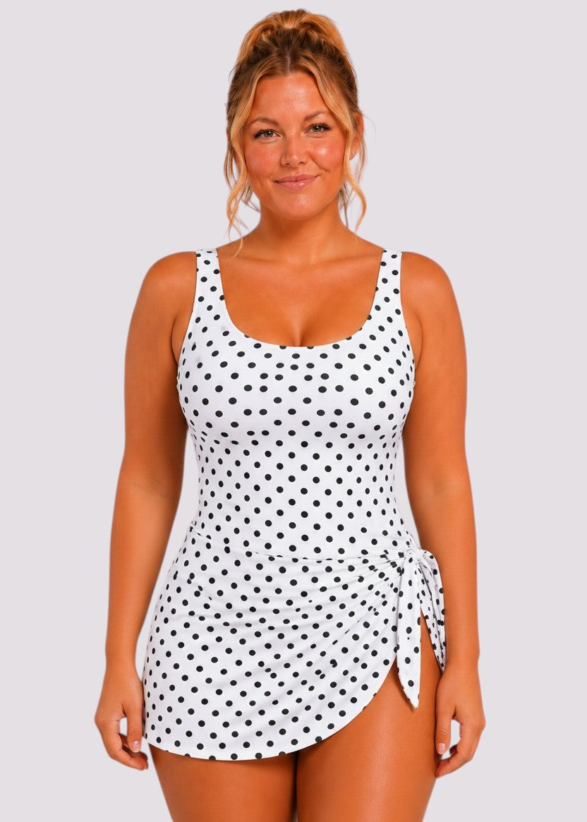 Simple Scoop Neck Side Slit Swim Dress - White Spot-Cheekkah
