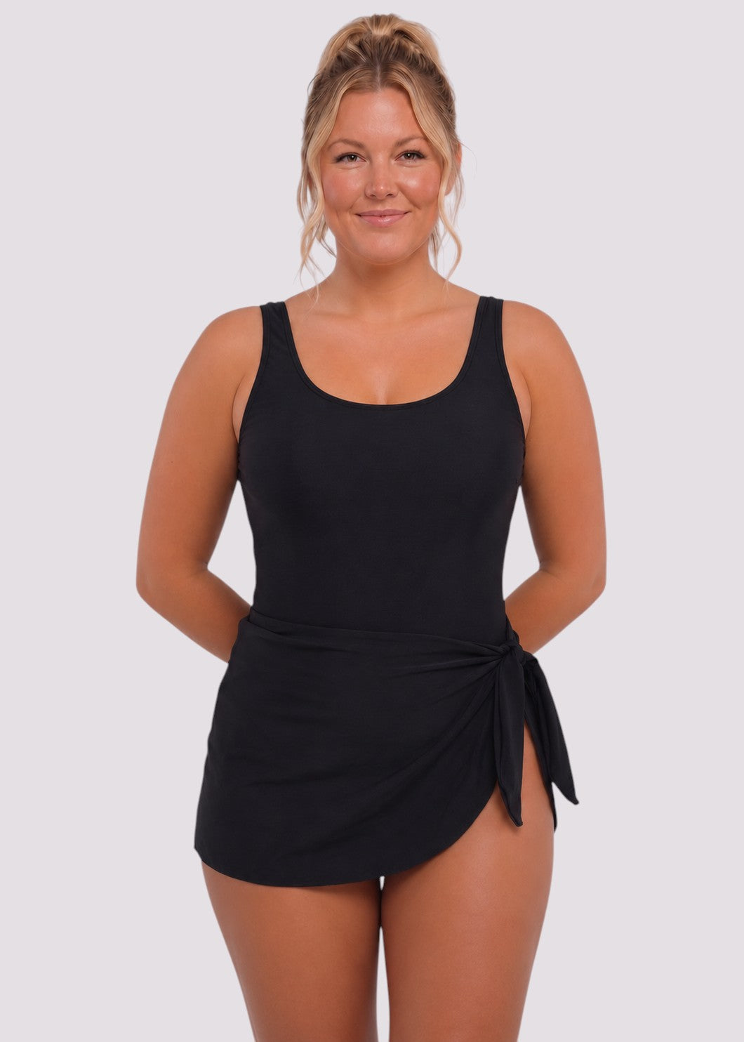 Simple Scoop Neck Side Slit Swim Dress - Black-Cheekkah