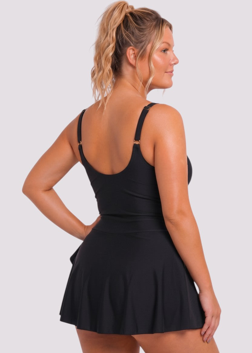 Simple Scoop Neck Side Slit Swim Dress - Black-Cheekkah