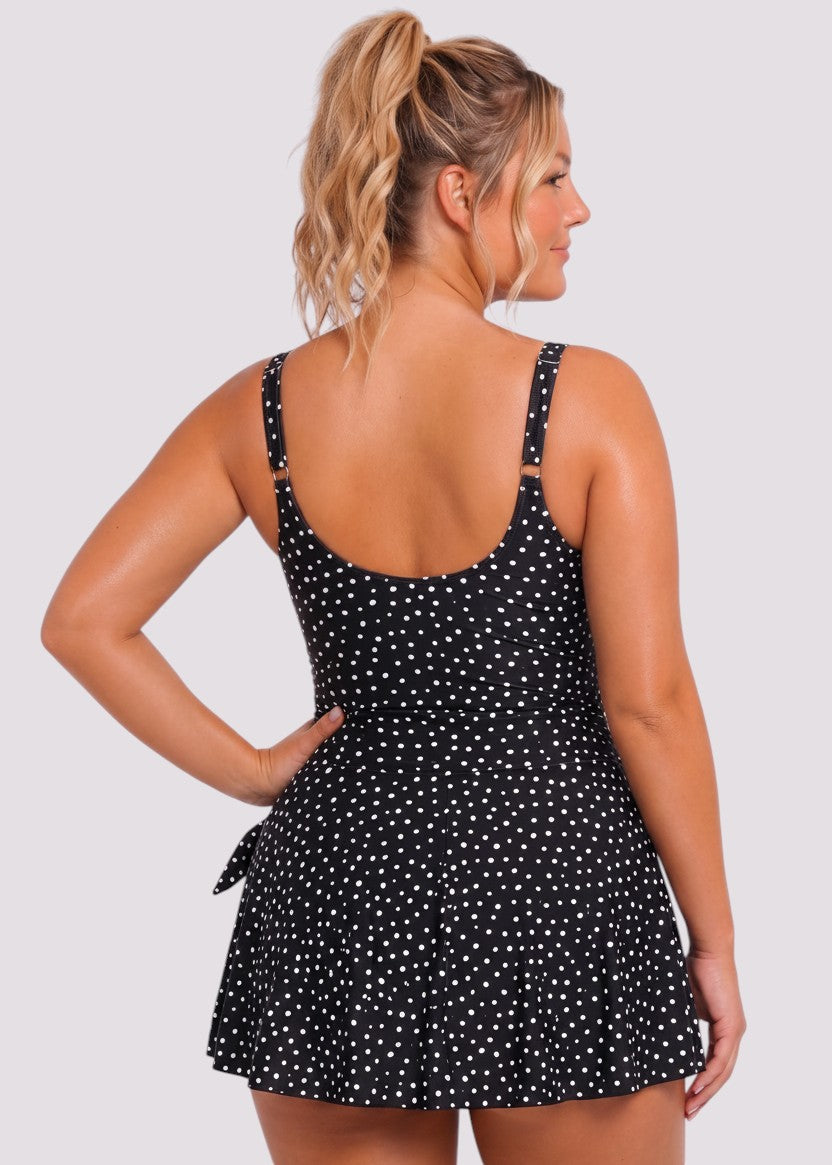 Simple Scoop Neck Side Slit Swim Dress - Black Polka Dot-Cheekkah