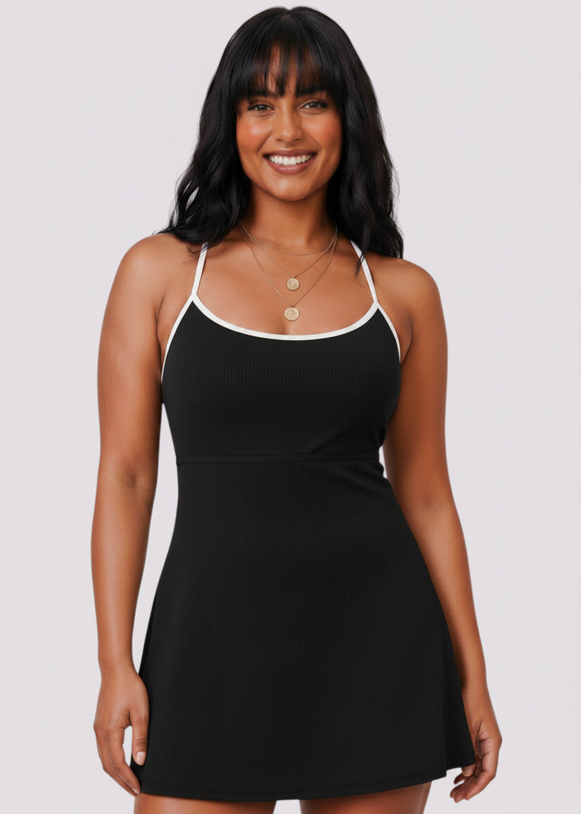 Sporty Scoop Swim Dress with Pockets - Black-Cheekkah
