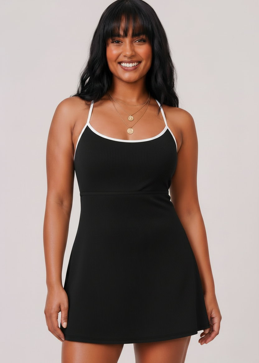 Sporty Scoop Swim Dress with Pockets - Black