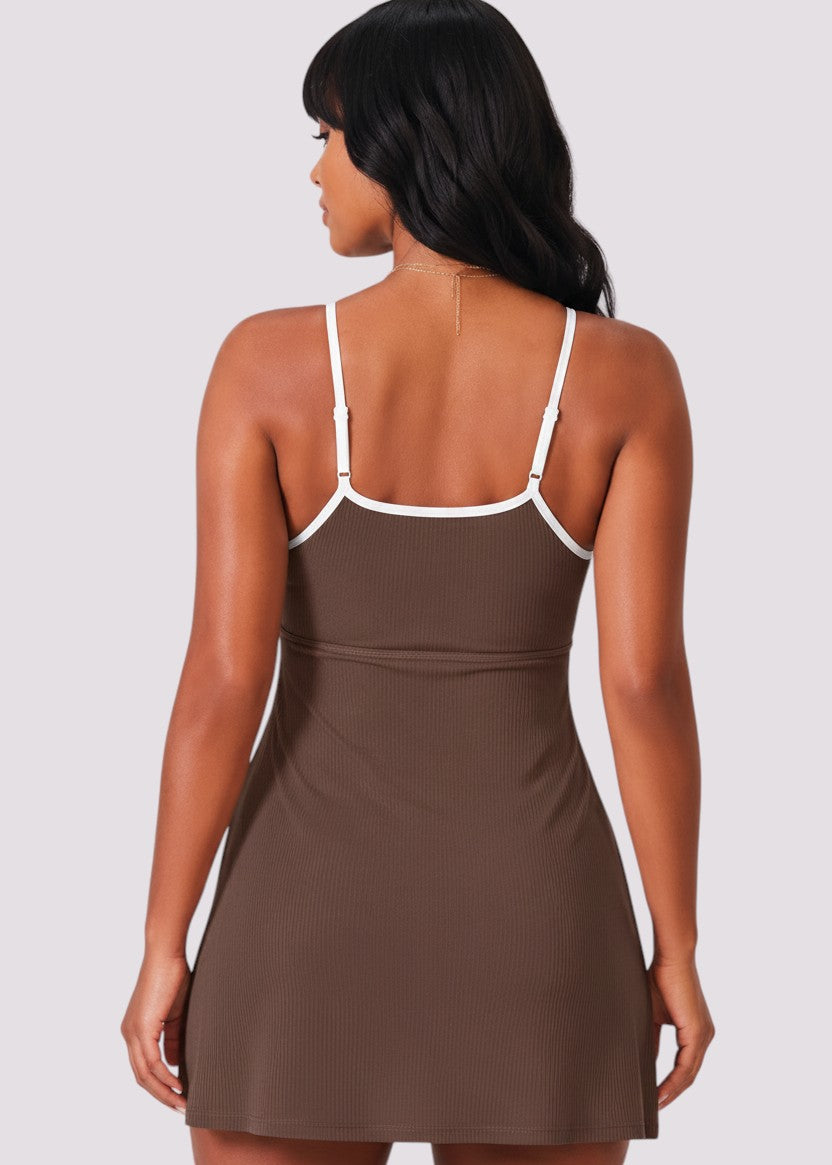 Sporty Scoop Swim Dress with Pockets - Brown