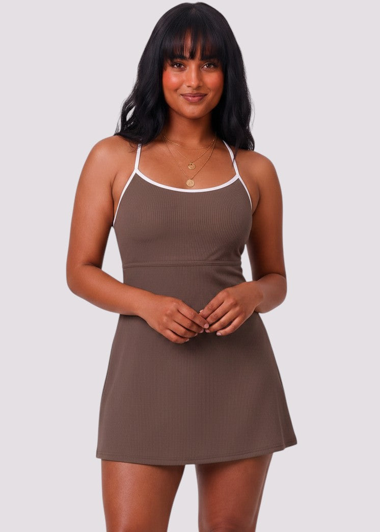 Sporty Scoop Swim Dress with Pockets - Brown