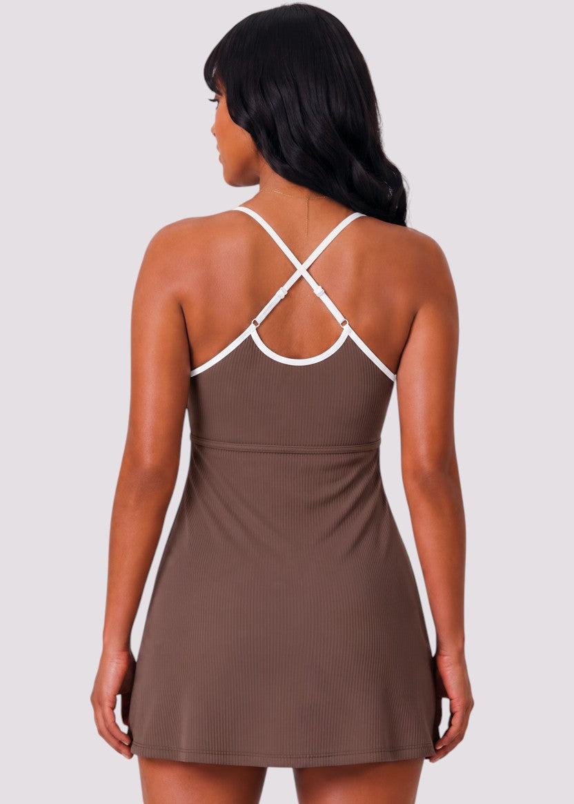 Sporty Scoop Swim Dress with Pockets - Brown