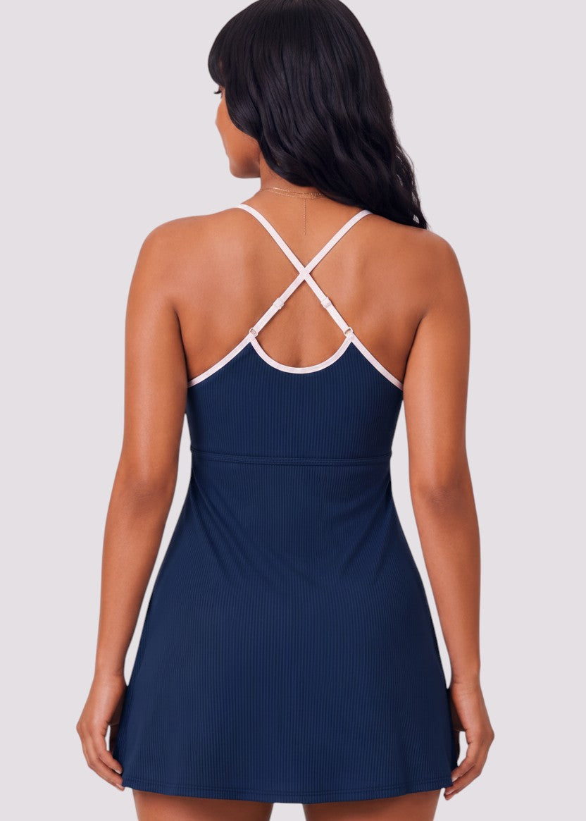Sporty Scoop Swim Dress with Pockets - Navy
