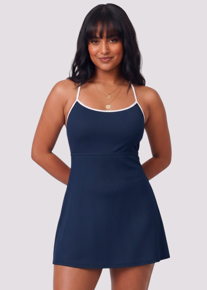 Sporty Scoop Swim Dress with Pockets - Navy