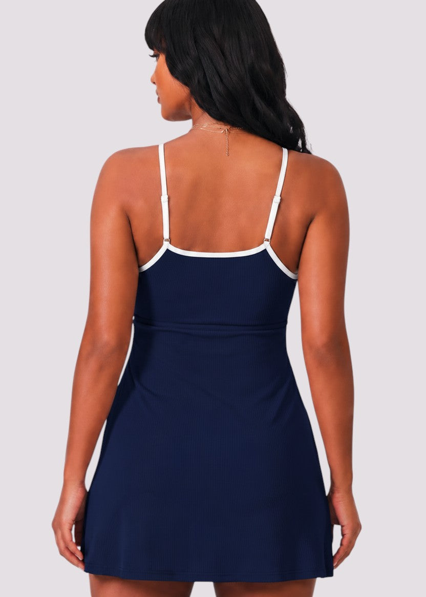 Sporty Scoop Swim Dress with Pockets - Navy