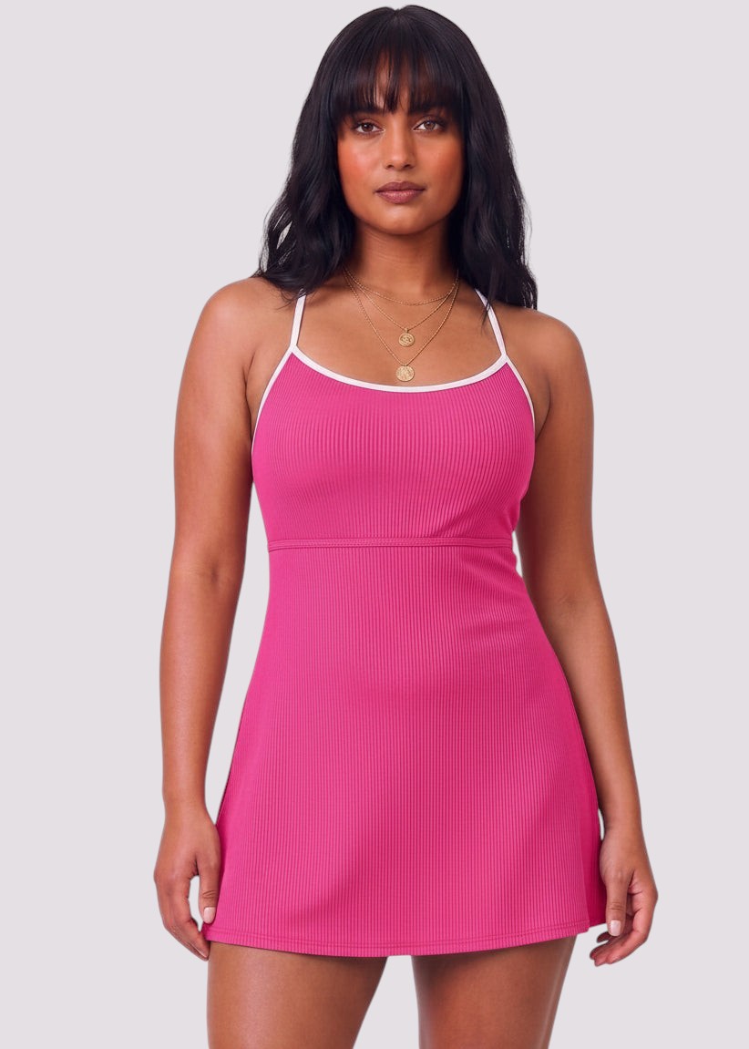 Sporty Scoop Swim Dress with Pockets - Pink-Cheekkah