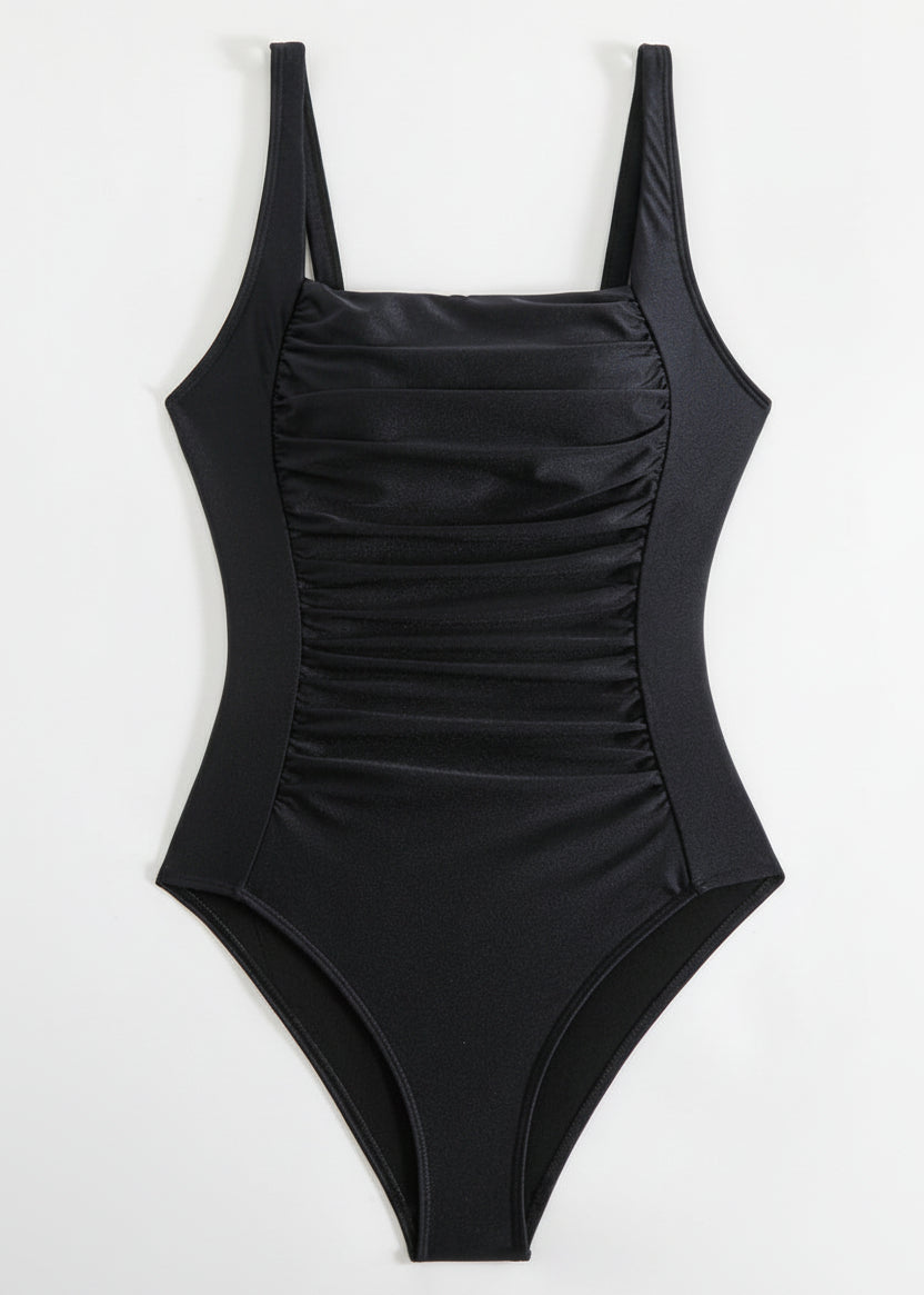 Square Neck Tummy Control One Piece - Black-Cheekkah