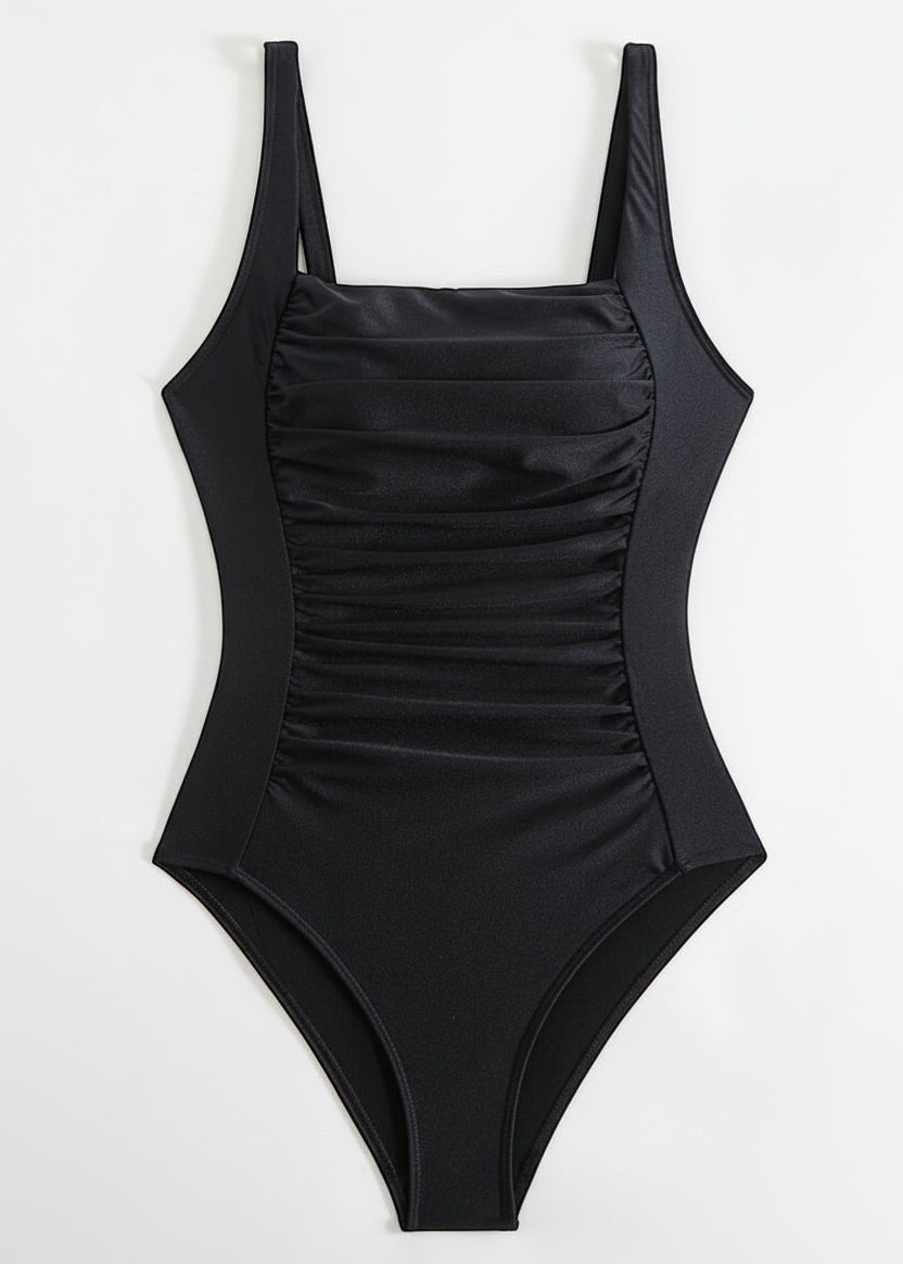 Square Neck Tummy Control One Piece - Black-Cheekkah