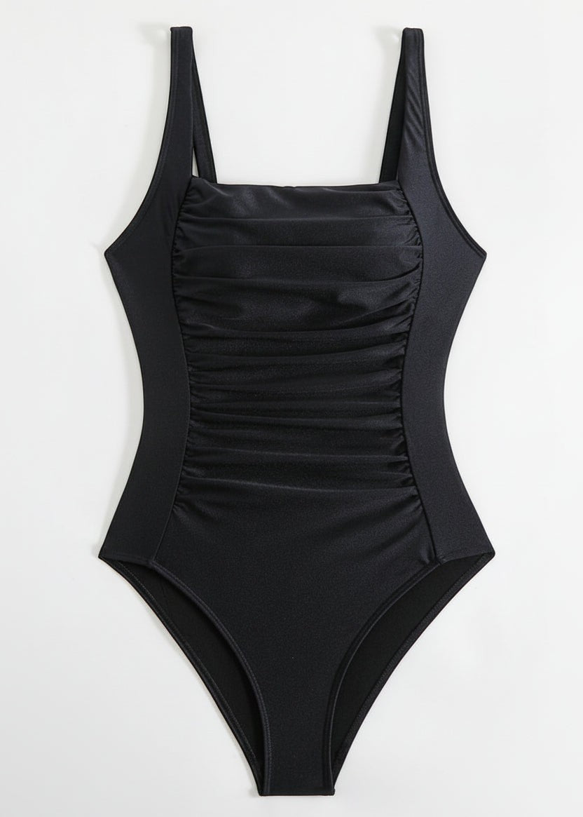 Square Neck Tummy Control One Piece - Black-Cheekkah