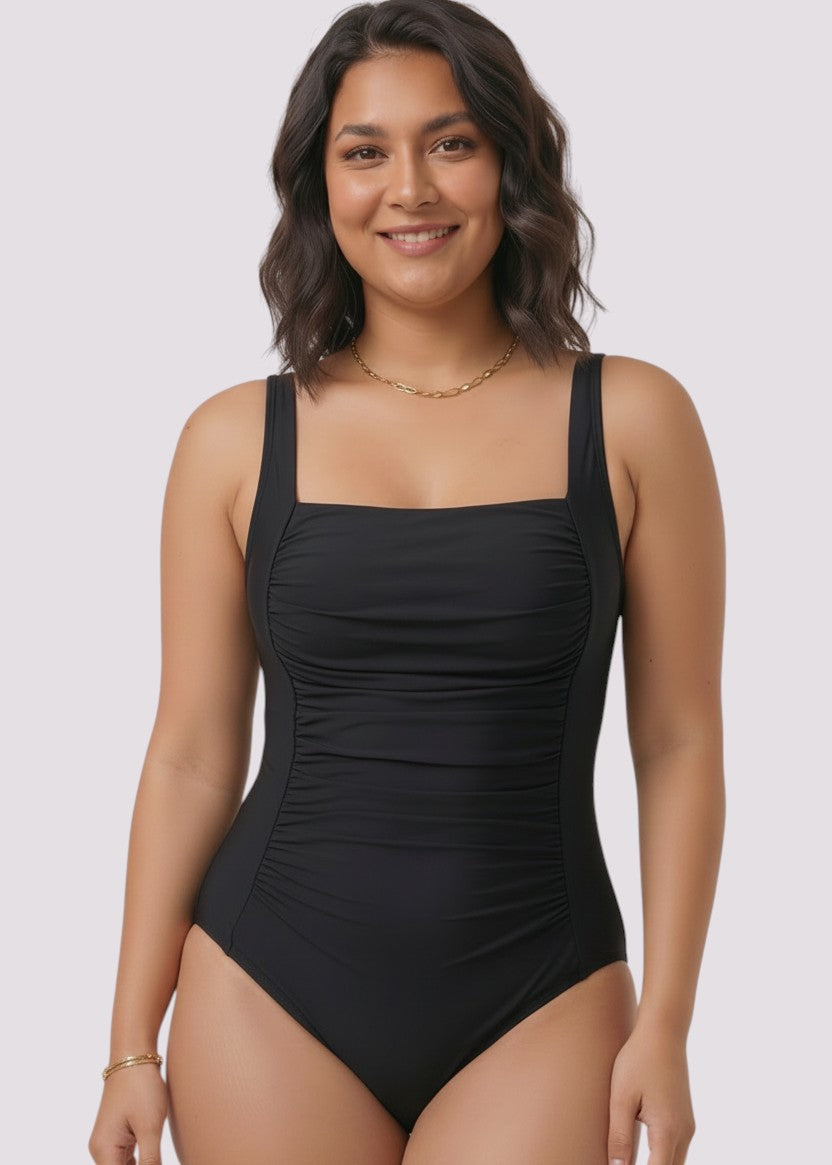 Square Neck Tummy Control One Piece - Black-Cheekkah
