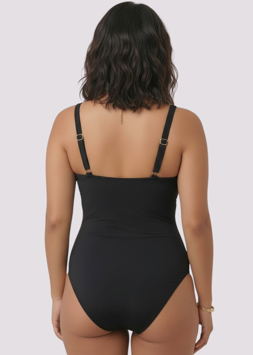 Square Neck Tummy Control One Piece - Black-Cheekkah