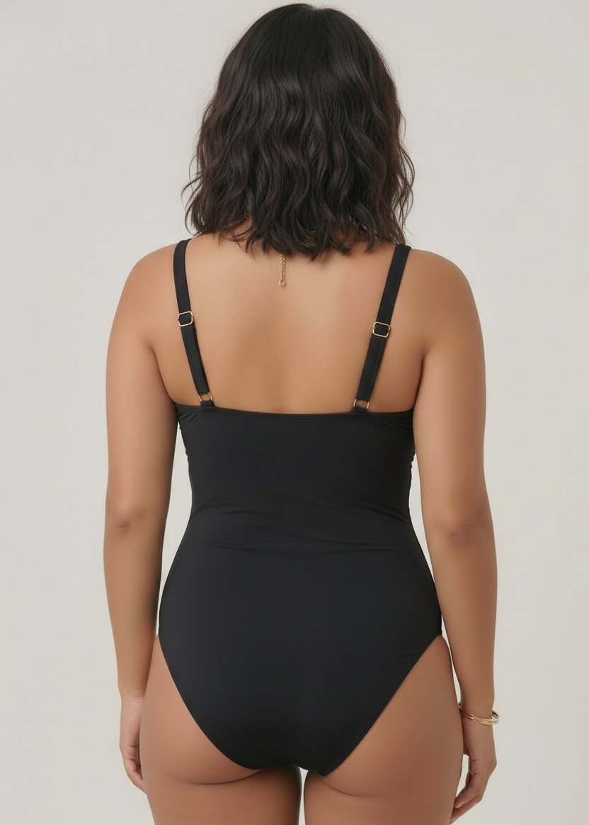 Square Neck Tummy Control One Piece - Black-Cheekkah