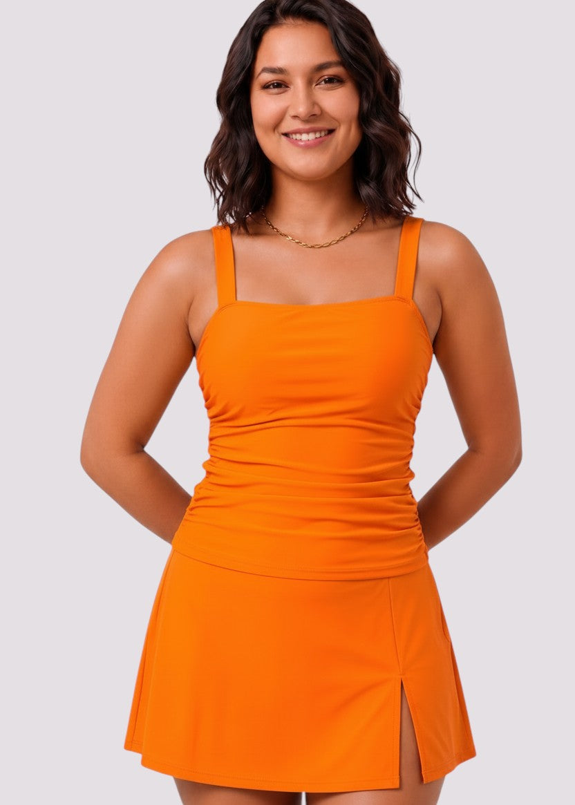 Square Neck Tankini Set with Skirt - Orange