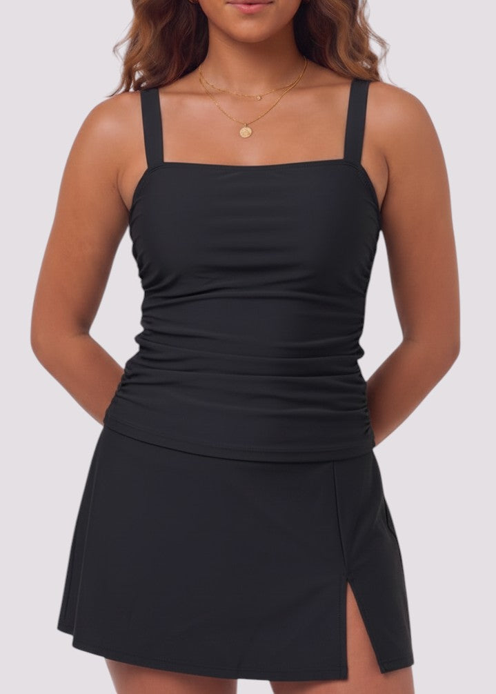 Square Neck Tankini Set with Skirt - Black-Cheekkah