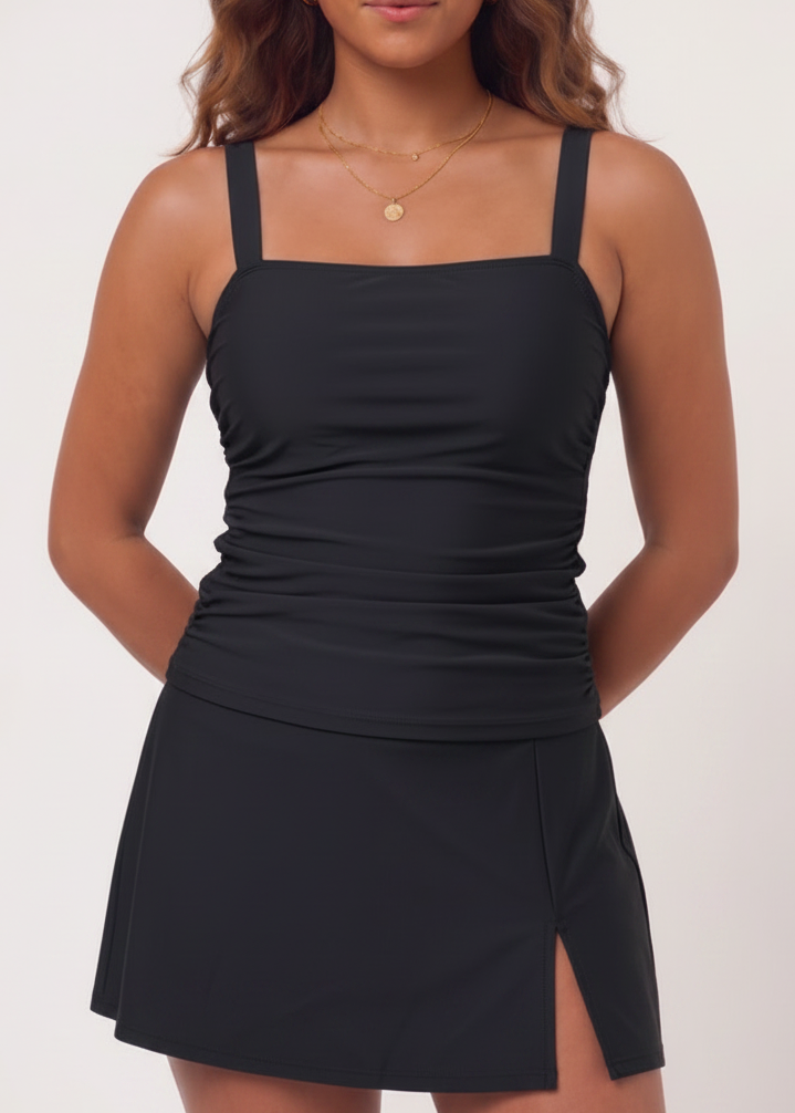 Square Neck Tankini Set with Skirt - Black-Cheekkah