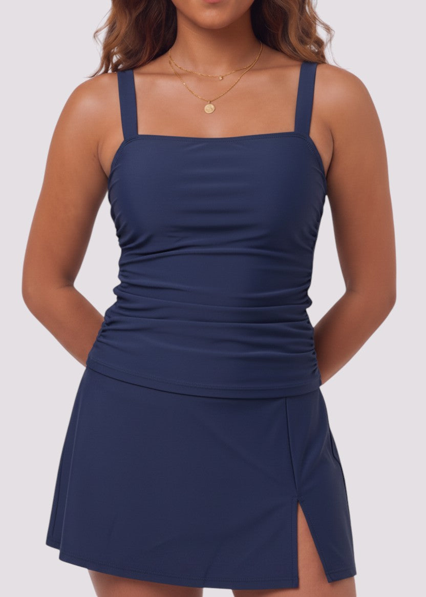 Square Neck Tankini Set with Skirt - Navy-Cheekkah