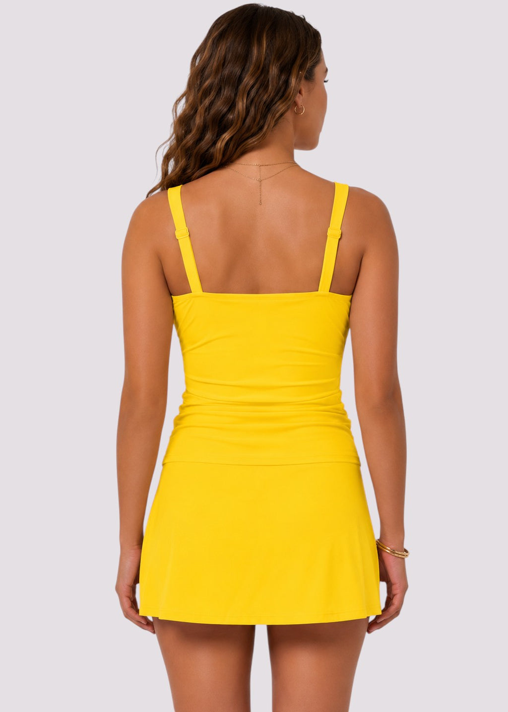 Square Neck Tankini Set with Skirt - Yellow