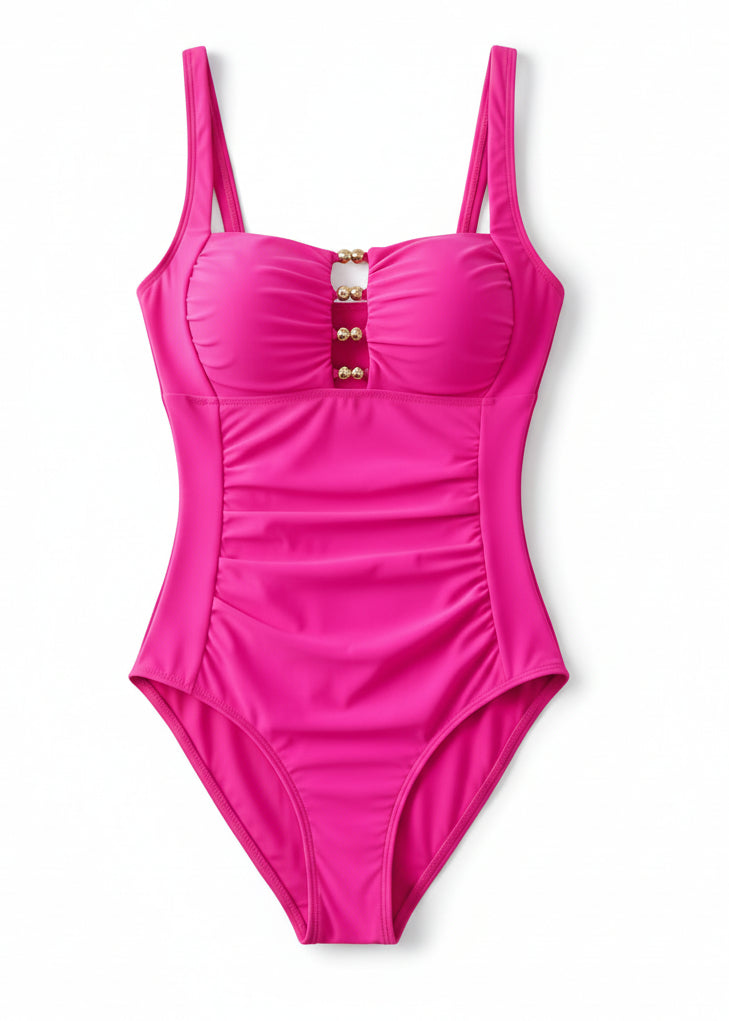Sweetheart Ruched One Piece with Gold Detail - Pink-Cheekkah