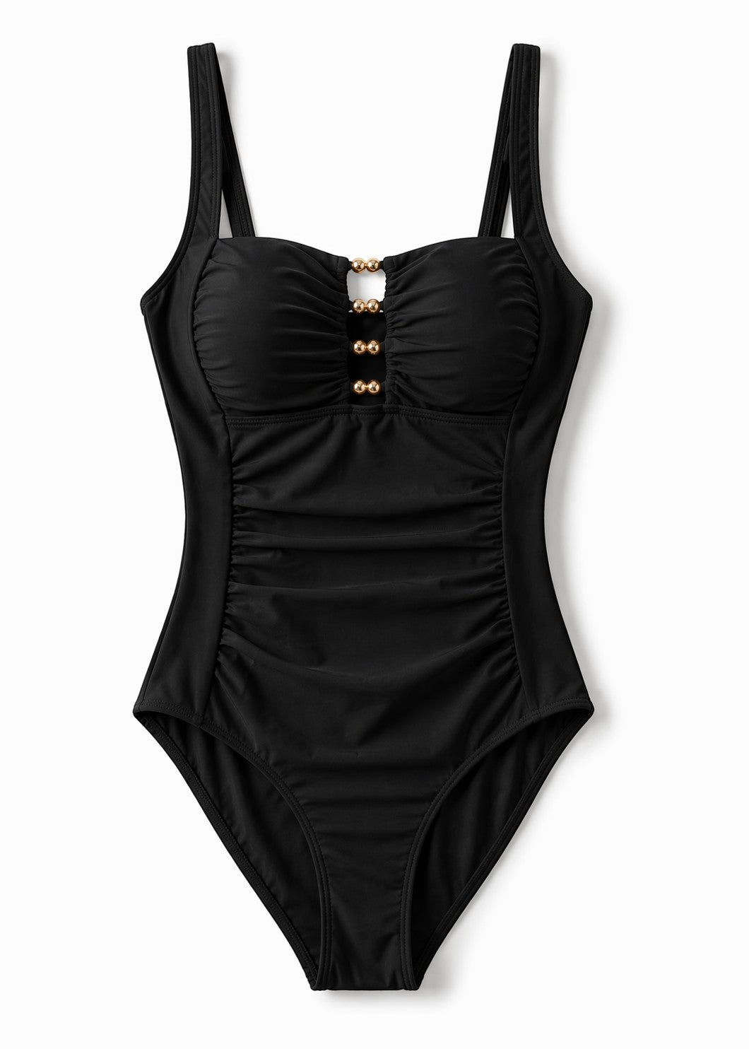 Sweetheart Ruched Tummy Control One Piece with Gold Detail - Black-Cheekkah