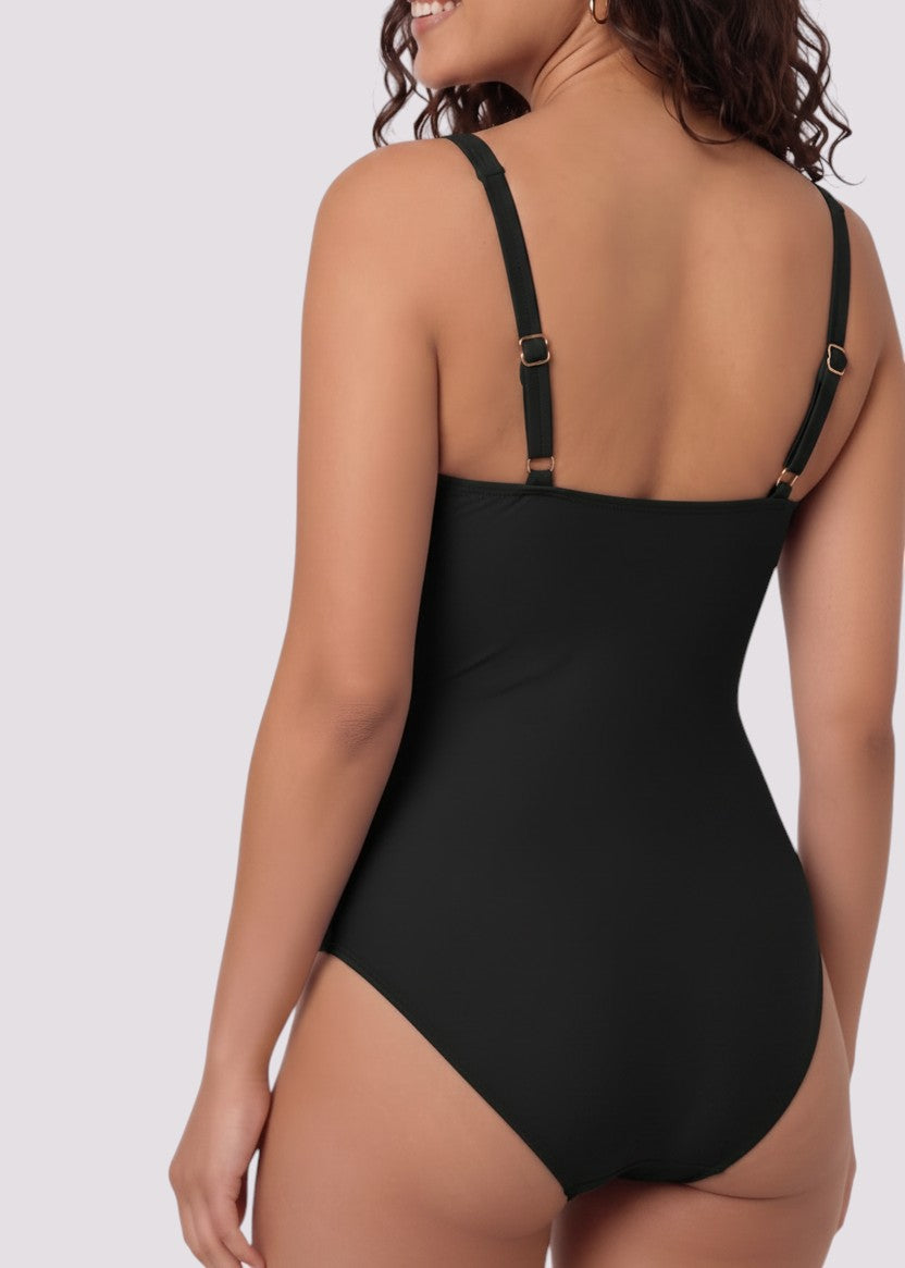 Sweetheart Ruched Tummy Control One Piece with Gold Detail - Black-Cheekkah
