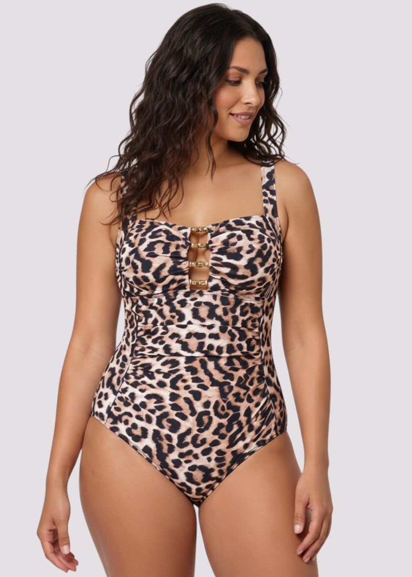 Sweetheart Ruched Tummy Control One Piece with Gold Detail - Leopard-Cheekkah