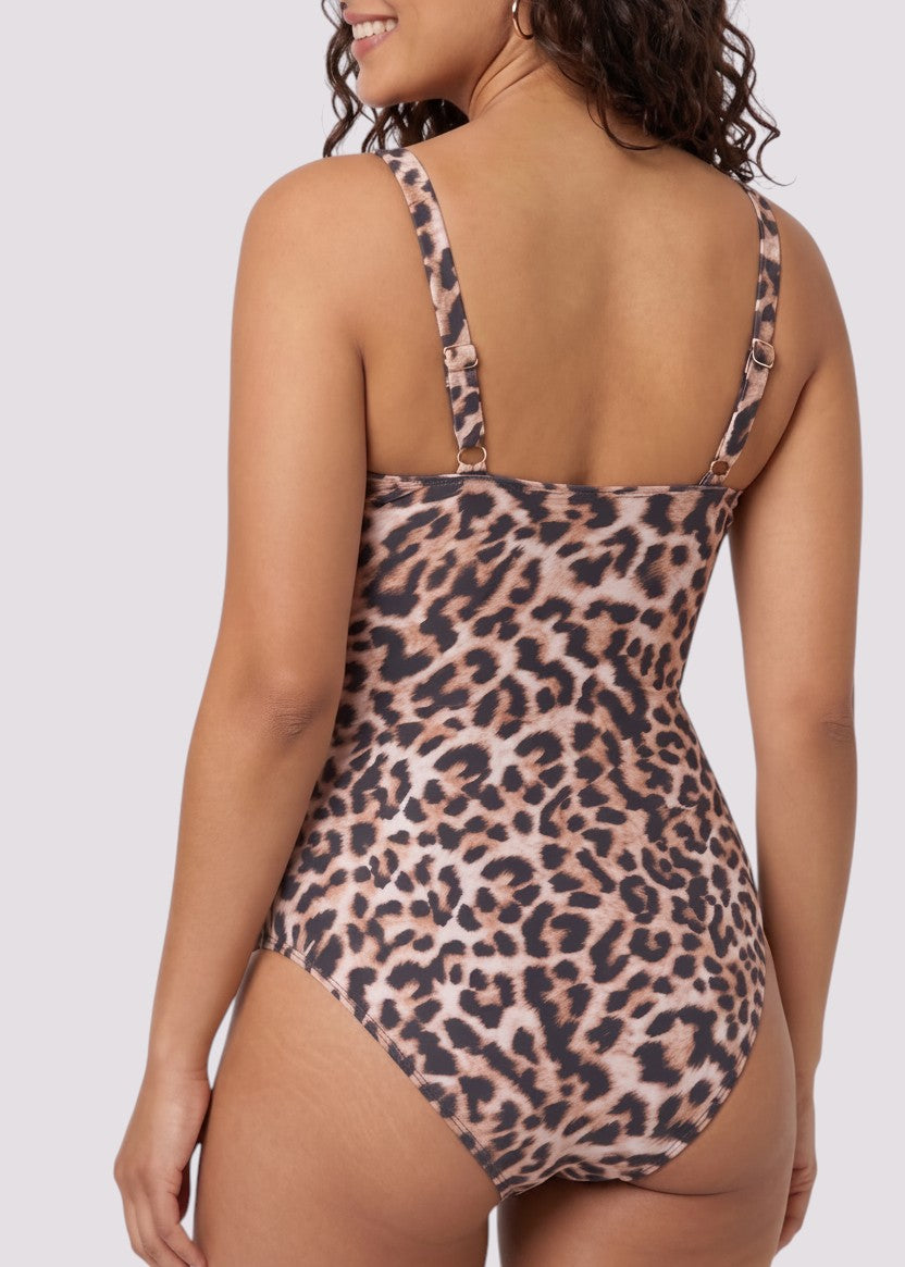 Sweetheart Ruched Tummy Control One Piece with Gold Detail - Leopard-Cheekkah