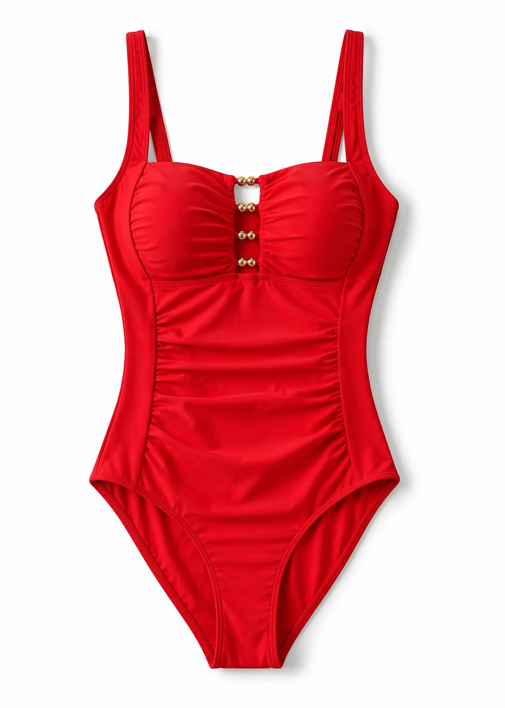 Sweetheart Ruched Tummy Control One Piece with Gold Detail - Red-Cheekkah