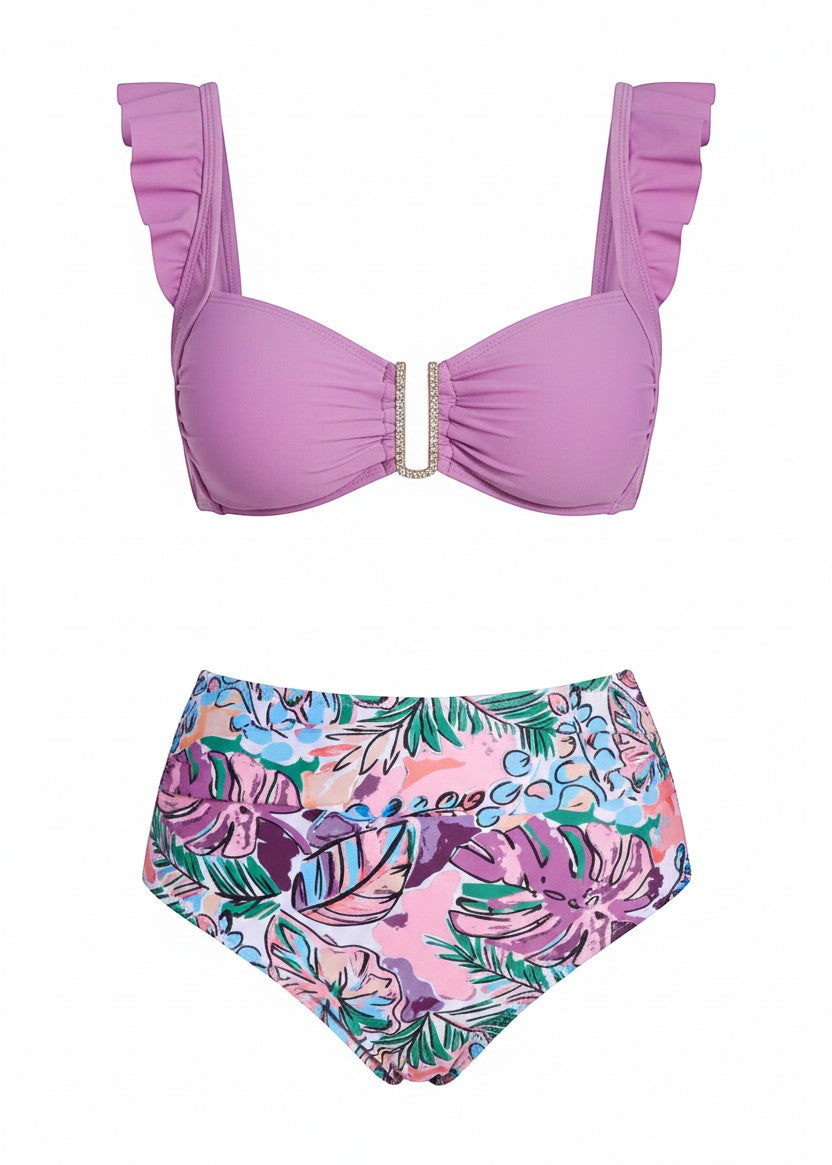 Sweetheart Ruffle High Waisted Bikini Set - Lost Island Leaf-Cheekkah