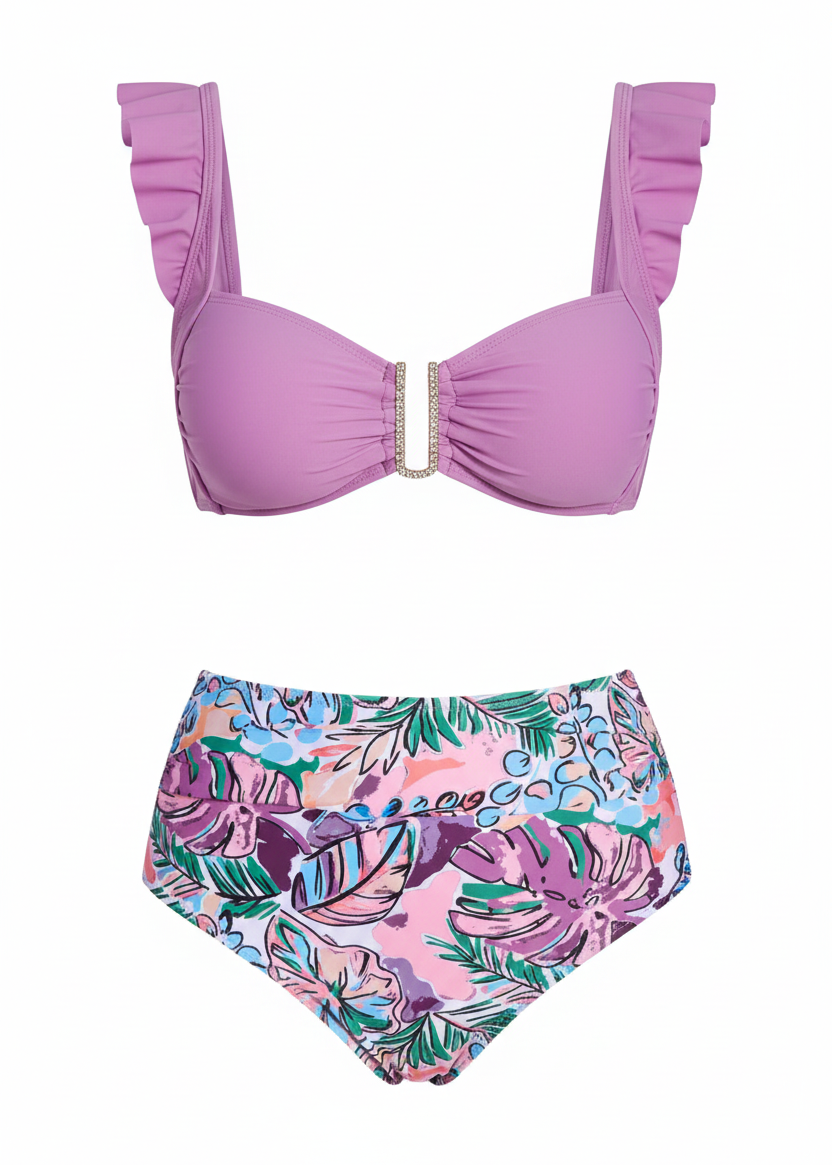 Sweetheart Ruffle High Waisted Bikini Set - Lost Island Leaf-Cheekkah