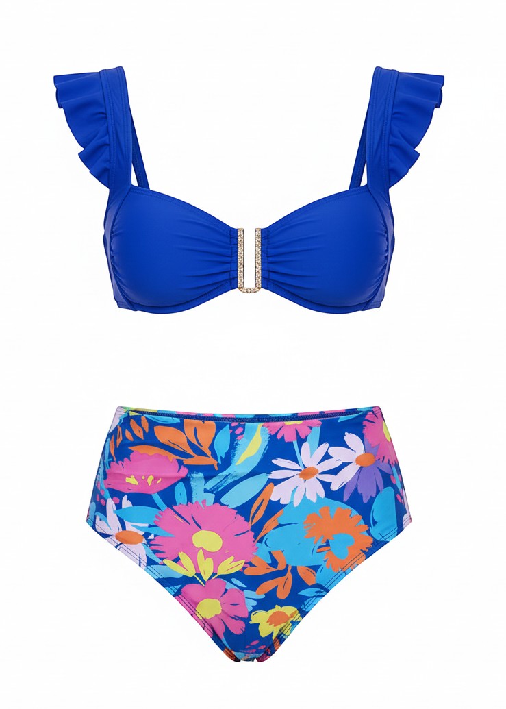 Sweetheart Ruffle High Waisted Bikini Set - Mosaic Bloom-Cheekkah