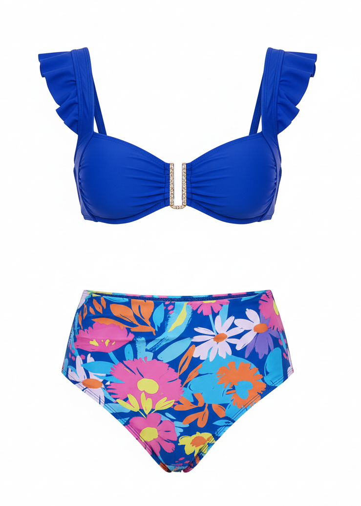 Sweetheart Ruffle High Waisted Bikini Set - Mosaic Bloom-Cheekkah