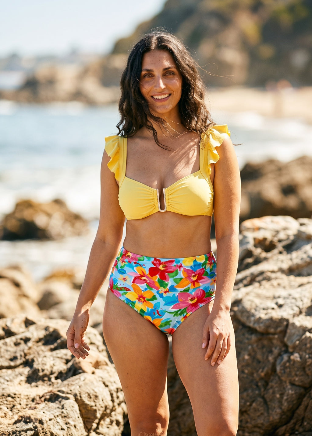Sweetheart Ruffle High Waisted Bikini Set - Painted Petals-Cheekkah