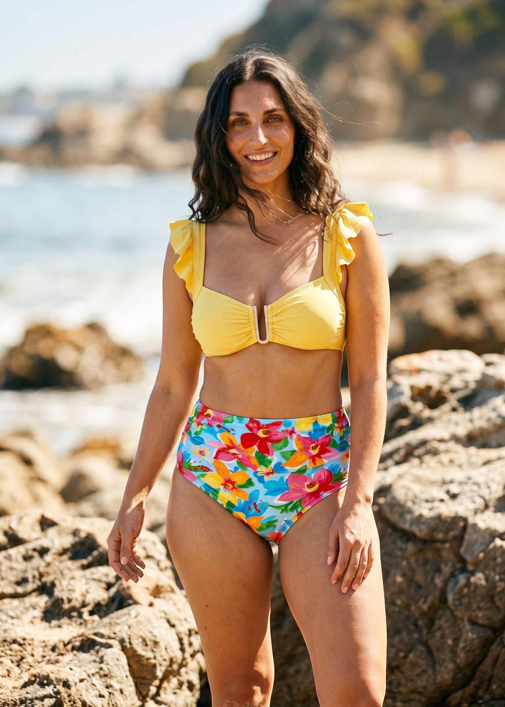 Sweetheart Ruffle High Waisted Bikini Set - Painted Petals-Cheekkah