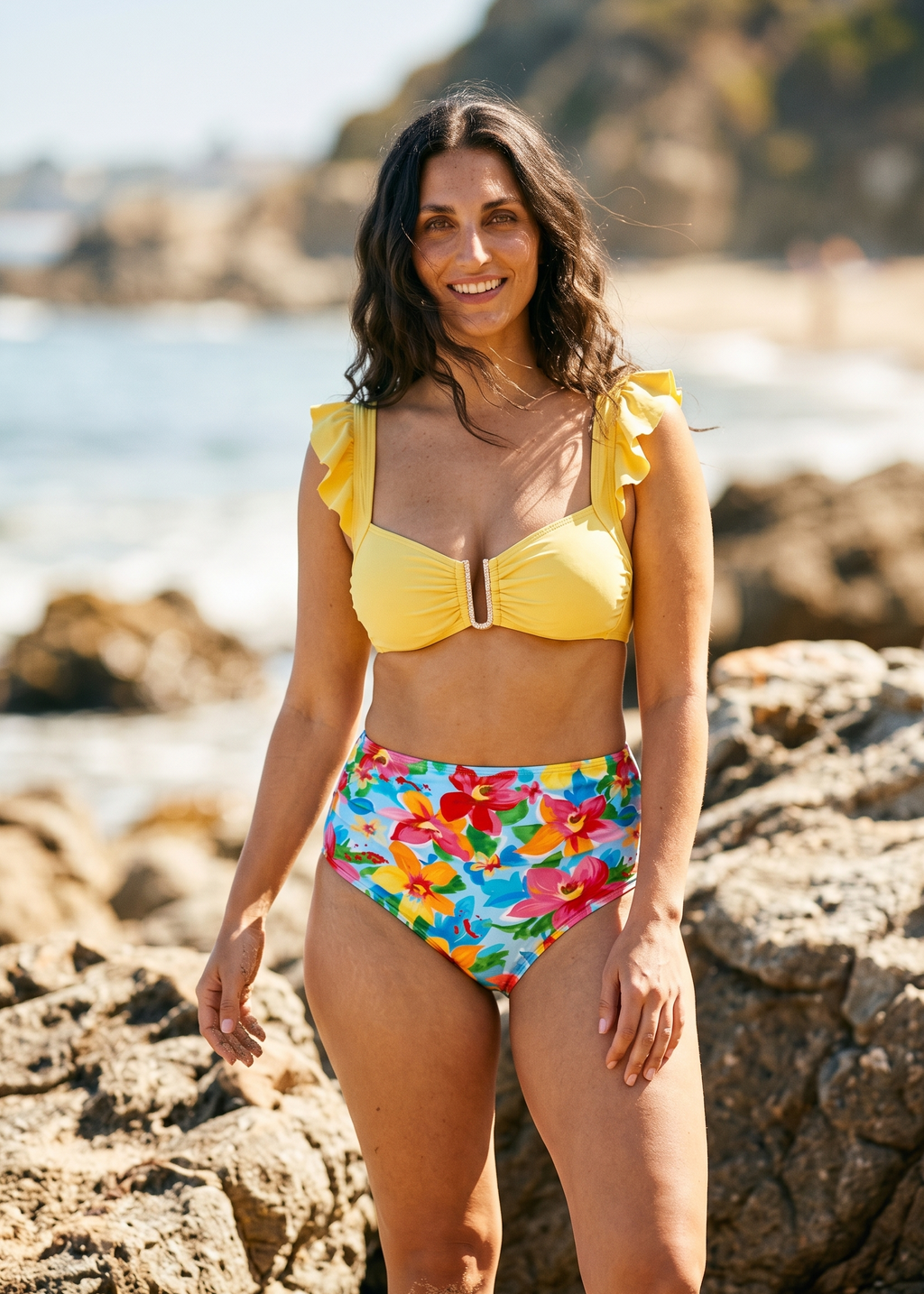 Sweetheart Ruffle High Waisted Bikini Set - Painted Petals-Cheekkah