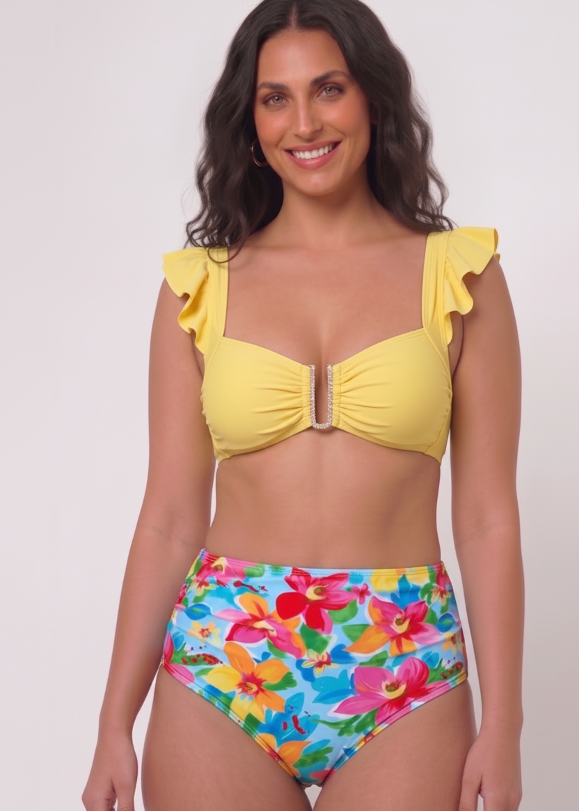 Sweetheart Ruffle High Waisted Bikini Set - Painted Petals-Cheekkah