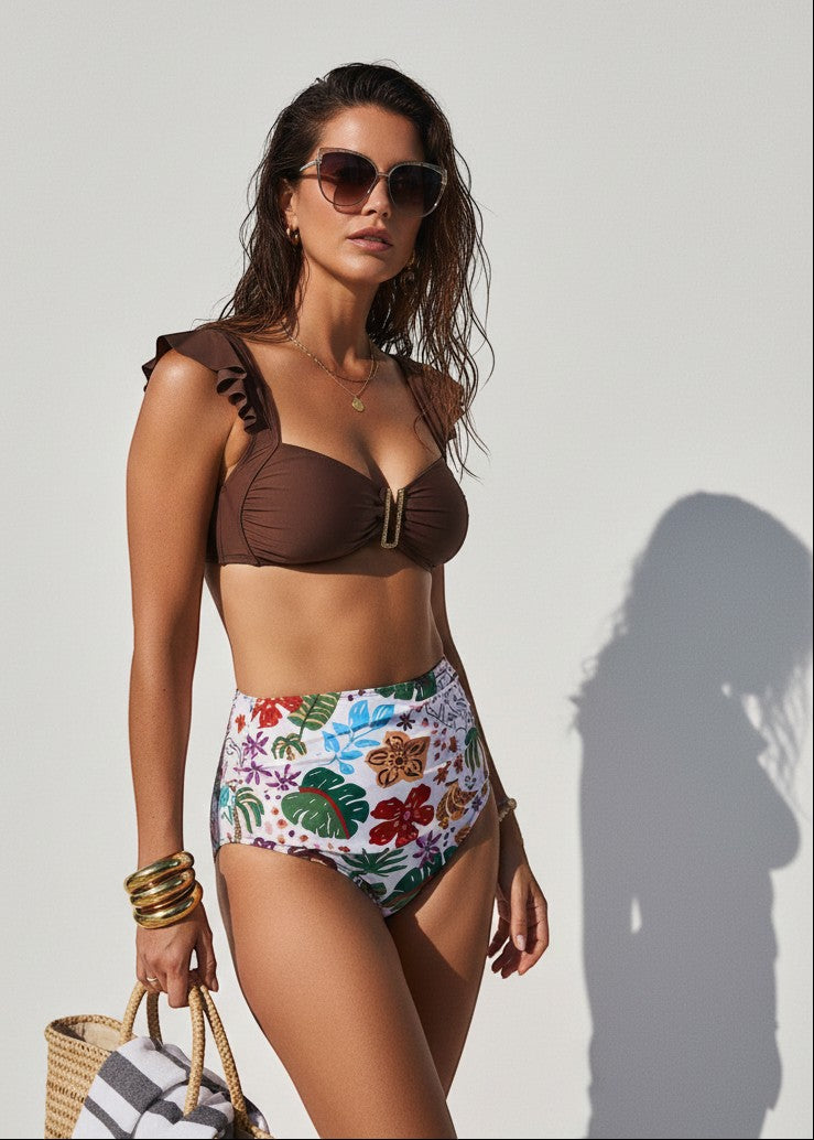 Sweetheart Ruffle High Waisted Bikini Set - Tropic Rumble-Cheekkah