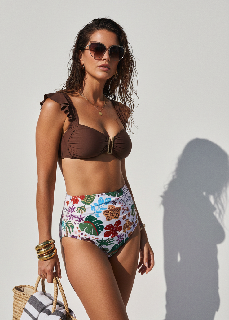 Sweetheart Ruffle High Waisted Bikini Set - Tropic Rumble-Cheekkah
