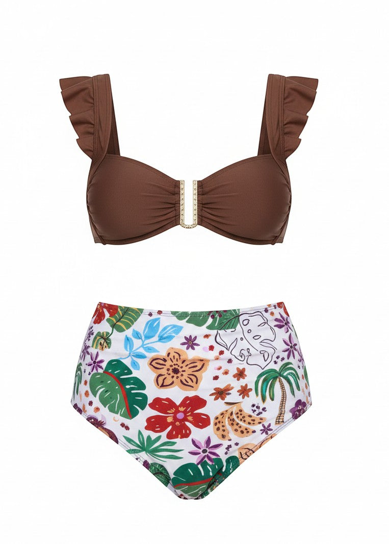 Sweetheart Ruffle High Waisted Bikini Set - Tropic Rumble-Cheekkah