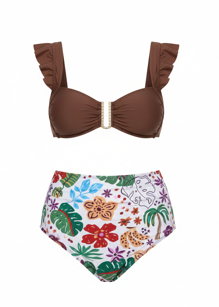 Sweetheart Ruffle High Waisted Bikini Set - Tropic Rumble-Cheekkah