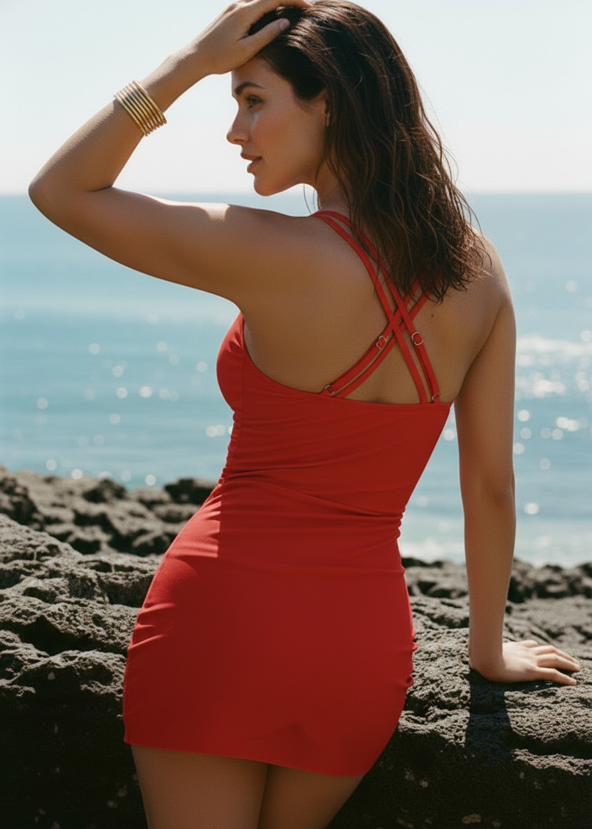 Swim Dress with Mesh Adjustable Drawstring - Red-Cheekkah