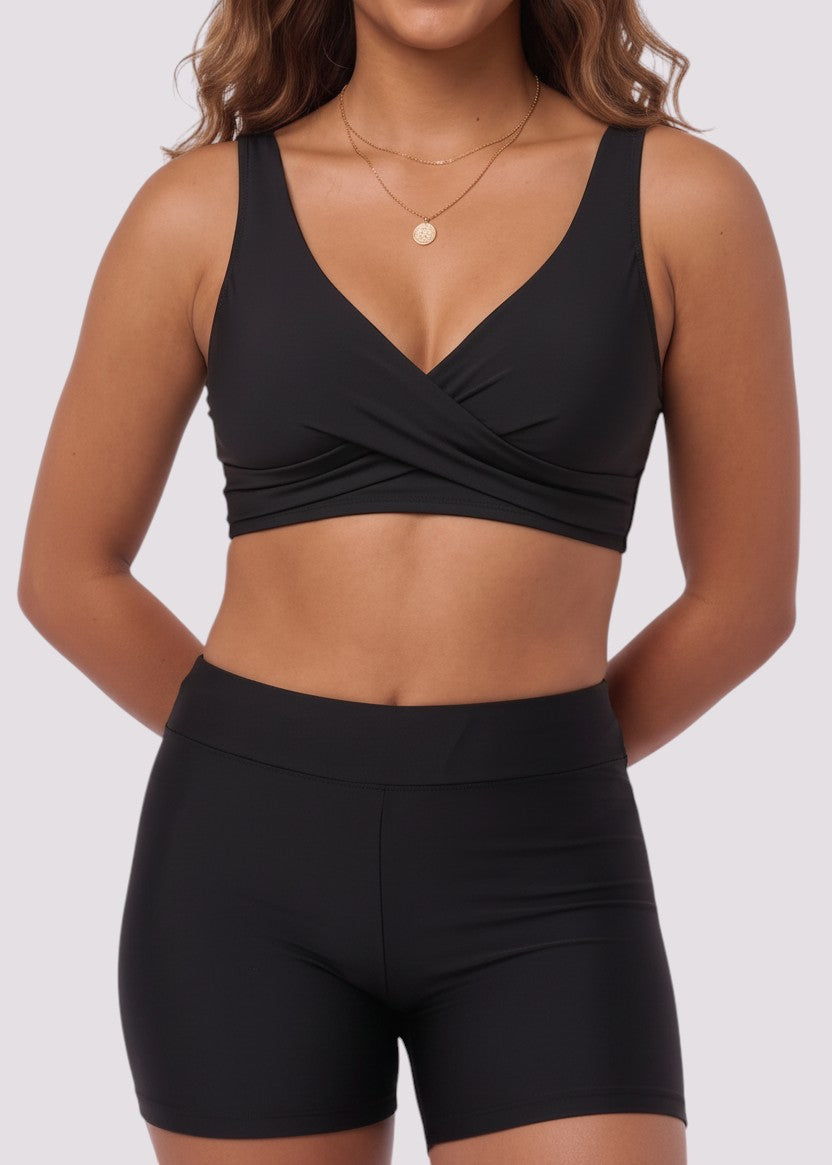 Swim Shortini Set with Lace Up Back - Black-Cheekkah